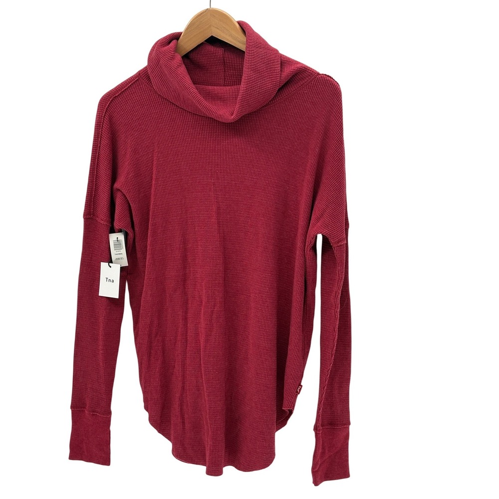 TNA Top Cowl Neck Waffle Knit Thermal Long Sleeve Women Medium Red Holiday New
